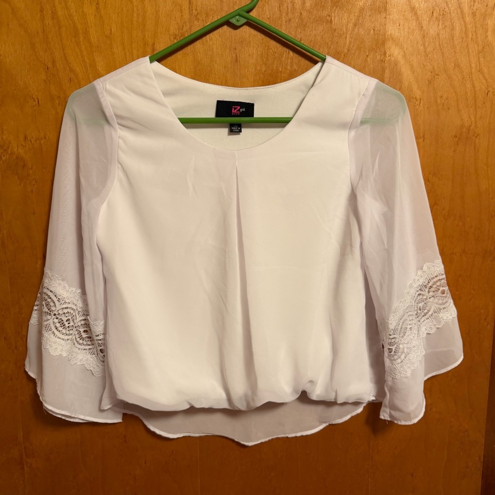 Iz Byer White Chiffon Lace-Sleeve Blouse